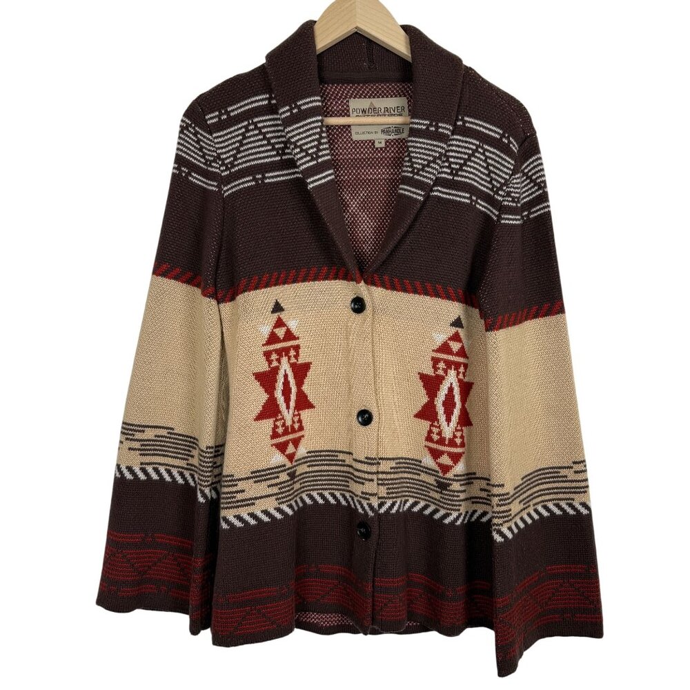 Brown and Tan Geometric Cardigan Sweater